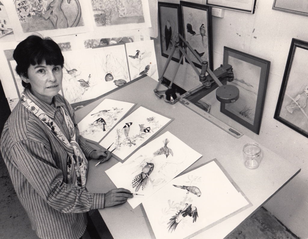 A woman, Lesley, standing in front of a drawing desk and holding several art brushes.  On the desk and the walls surrounding the desk are several paintings of native birds.